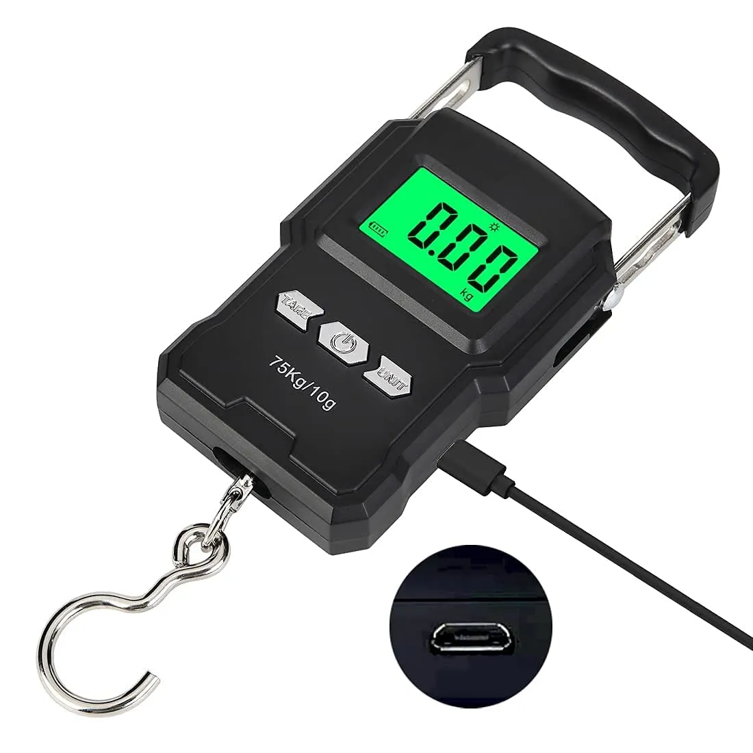 Bonano Built-in Lithium Battery Fishing Scale 165lb/75kg with Backlit LCD Display & Measuring Tape