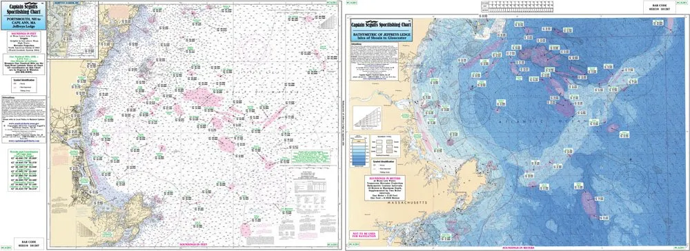 Captain Segull Bathymetric Fishing Chart for Cape Ann & Jeffrey's Ledge, 19.5'x26.5'