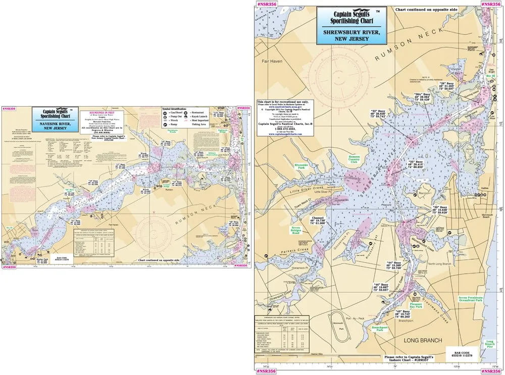 Captain Segull's Inshore NJ Fishing Chart - Navesink & Shrewsbury Rivers 12'x18' Double-Sided