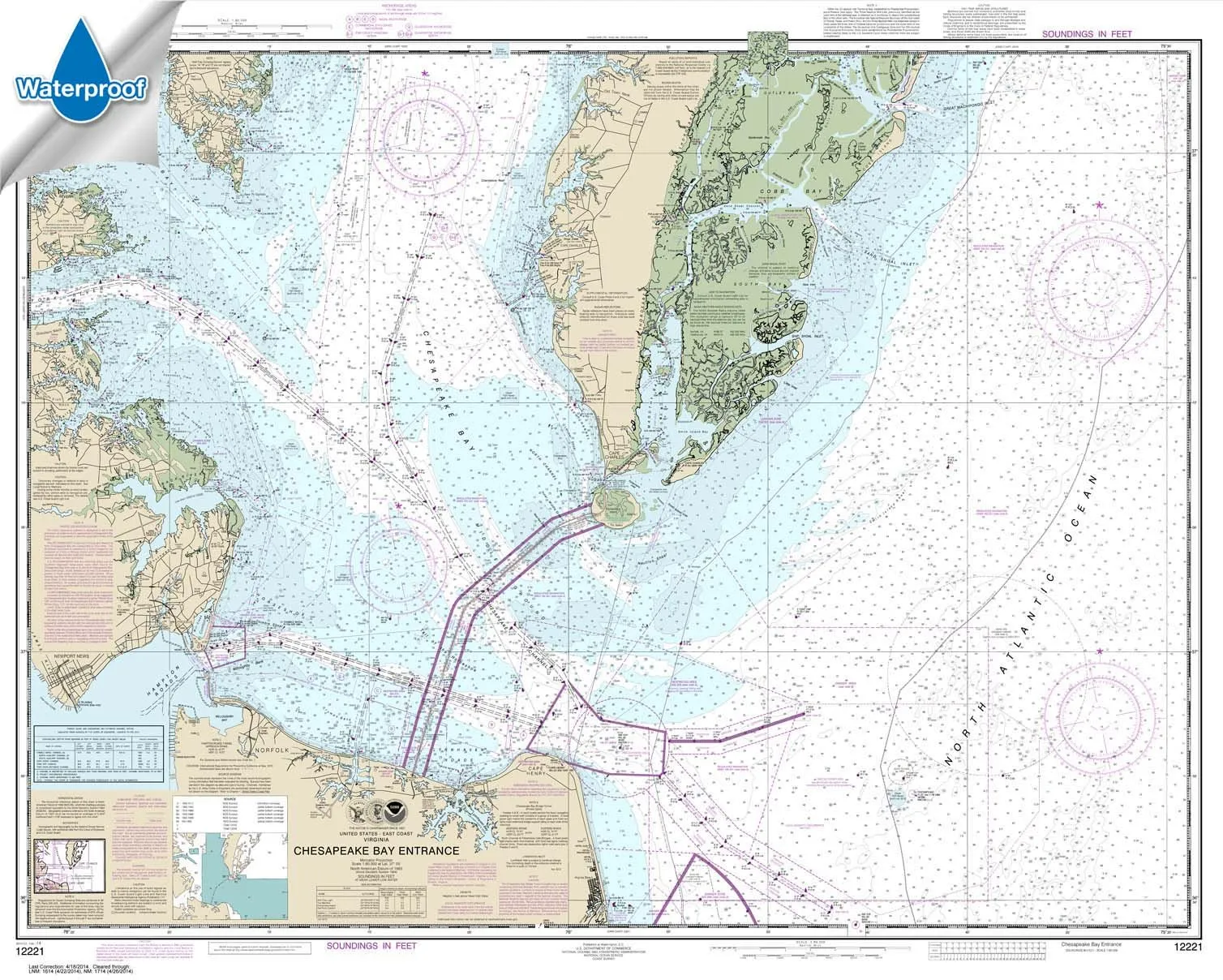 Chesapeake Bay Entrance Waterproof Nautical Chart 35.5 x 44.8