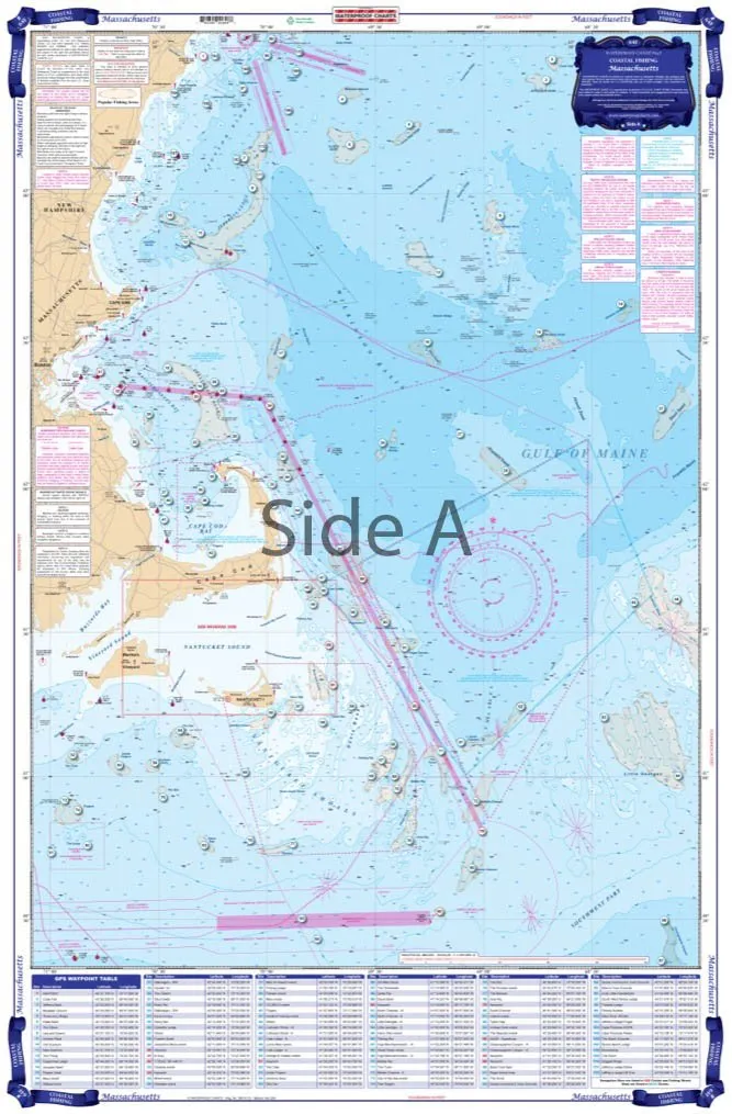 Coastal Fishing Chart 64F Massachusetts - Two Sided, Waterproof, Tear Resistant, 25'x38'