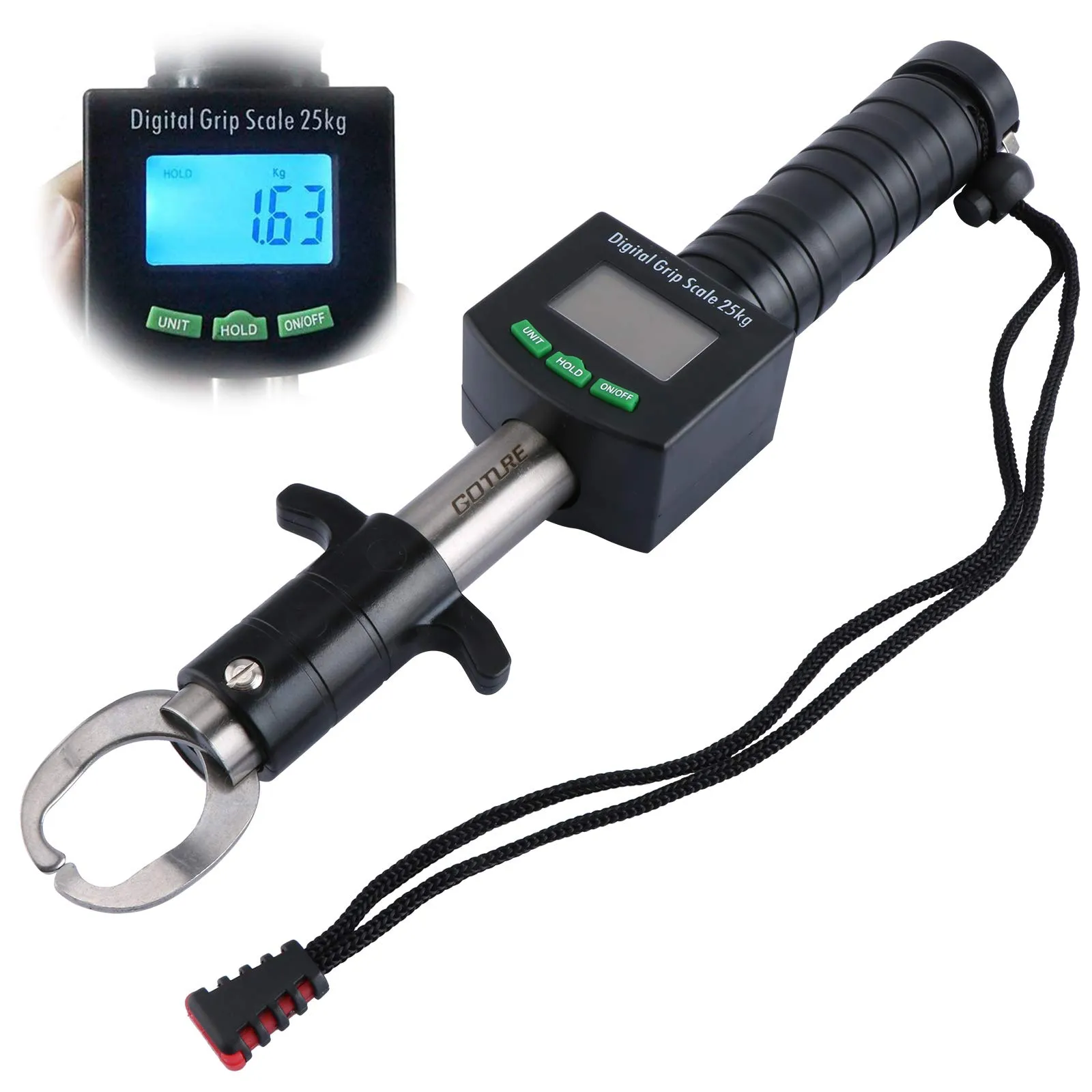 Fish Lip Gripper with Digital Scale, 50lb Capacity, Water-Resistant Stainless Steel, Tape Measure