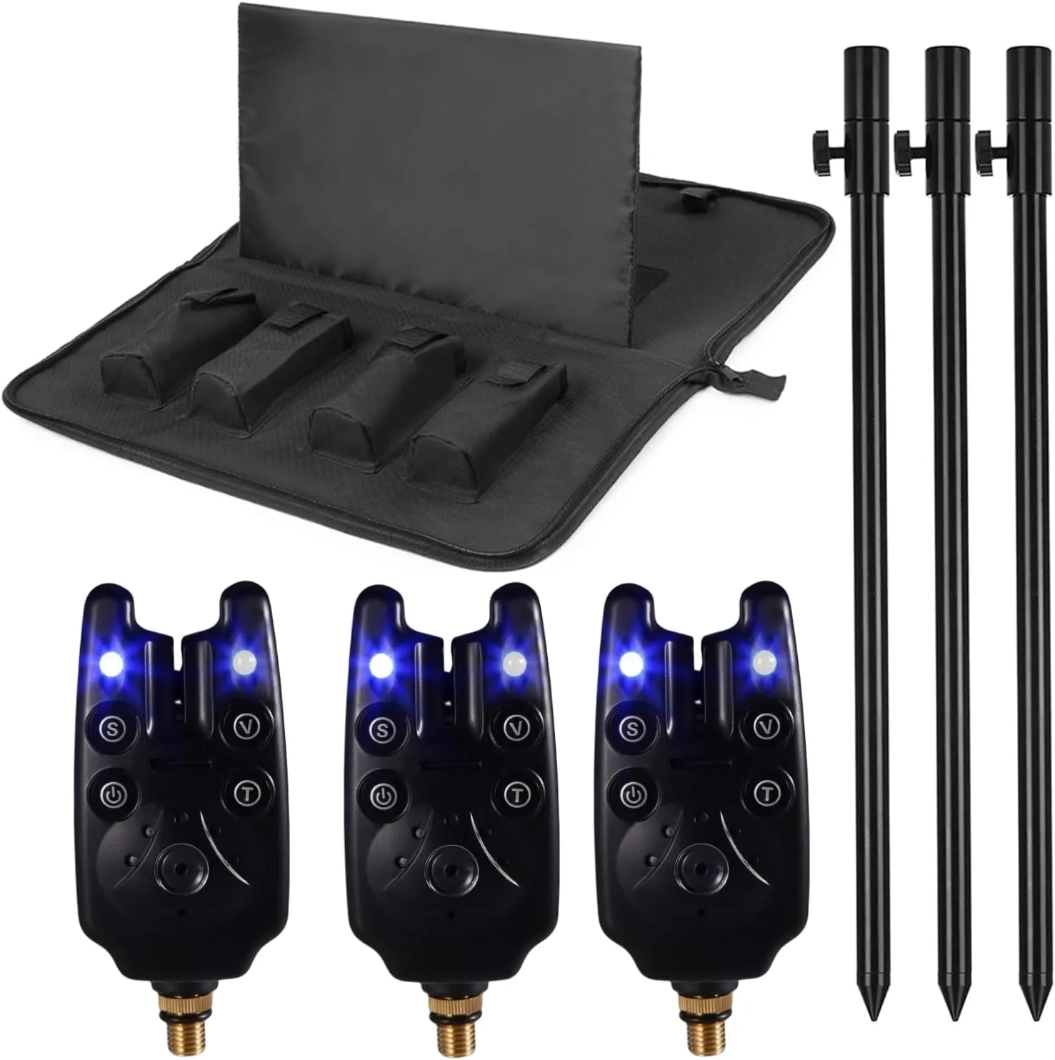 Fishing Bite Alarm Indicator Set with 3 LED Alarms & Extendable Aluminum Banksticks