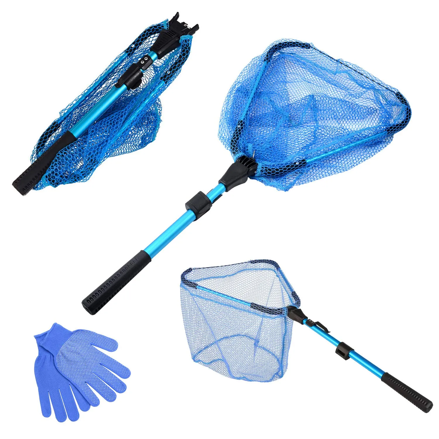 Fishing Net with Telescopic Pole, Foldable Nylon Mesh, Collapsible, 3.2ft, Includes Gloves