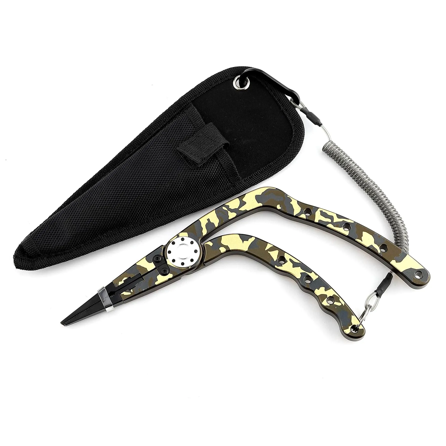 Fishing Pliers Saltwater 9-Inch, Non-Slip Handle, Vanadium Cutters, Camo Sheath & Lanyard