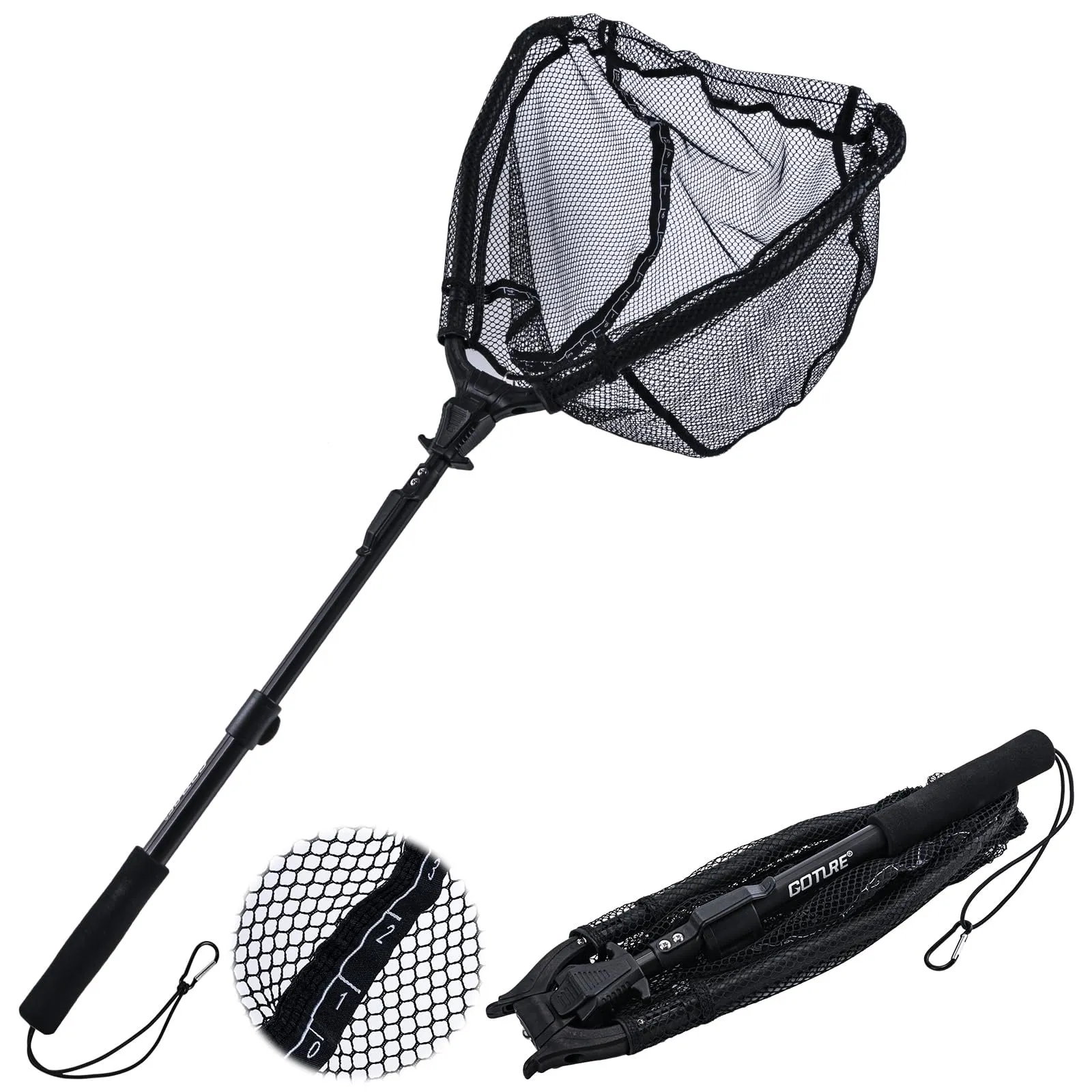 Goture Floating Fishing Net with Telescoping Handle, Rubber Mesh, Built-in Length Scale, Foldable