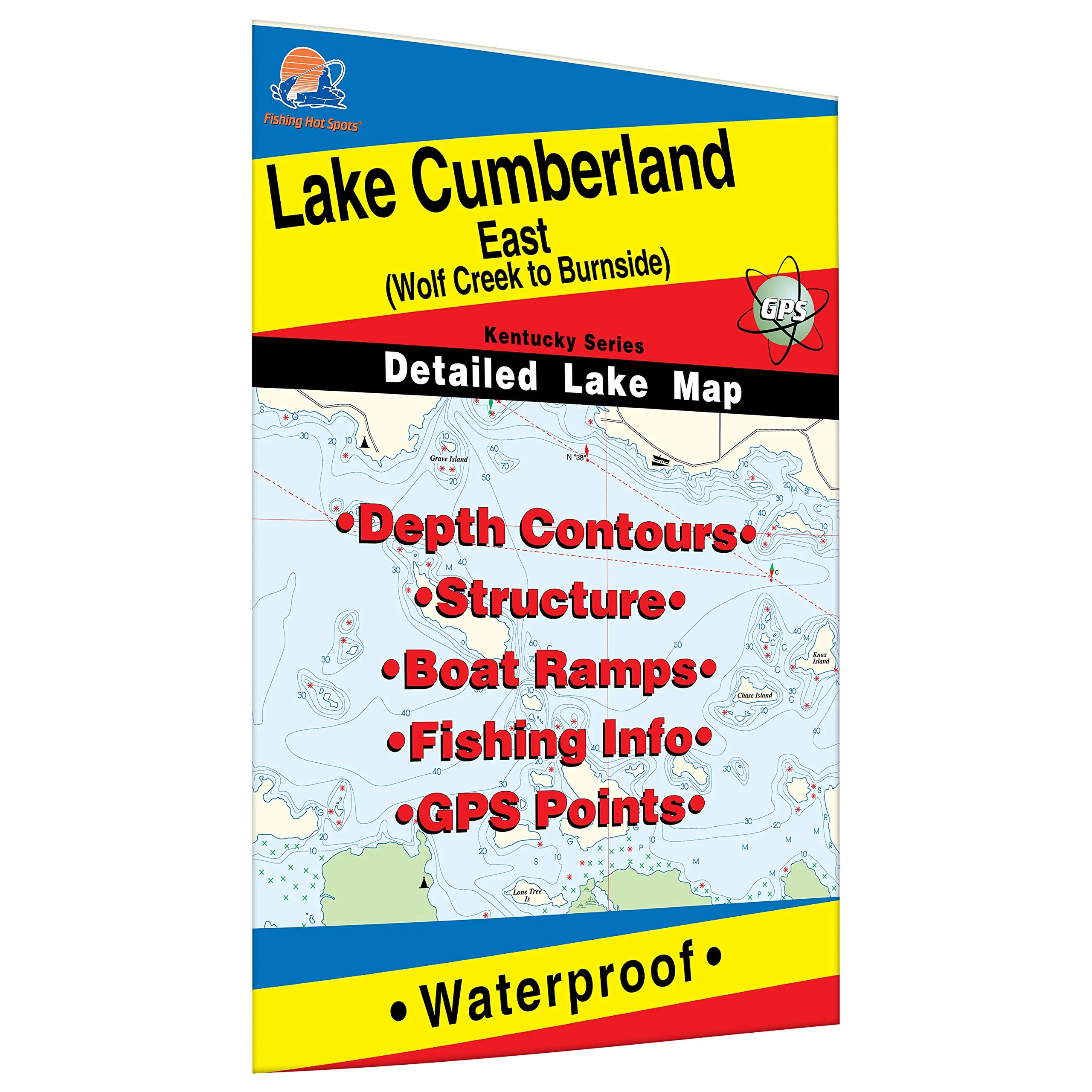 Lake Cumberland-East Fishing Map, Durable Waterproof Material, Shaded Depth Areas, Expertly Researched