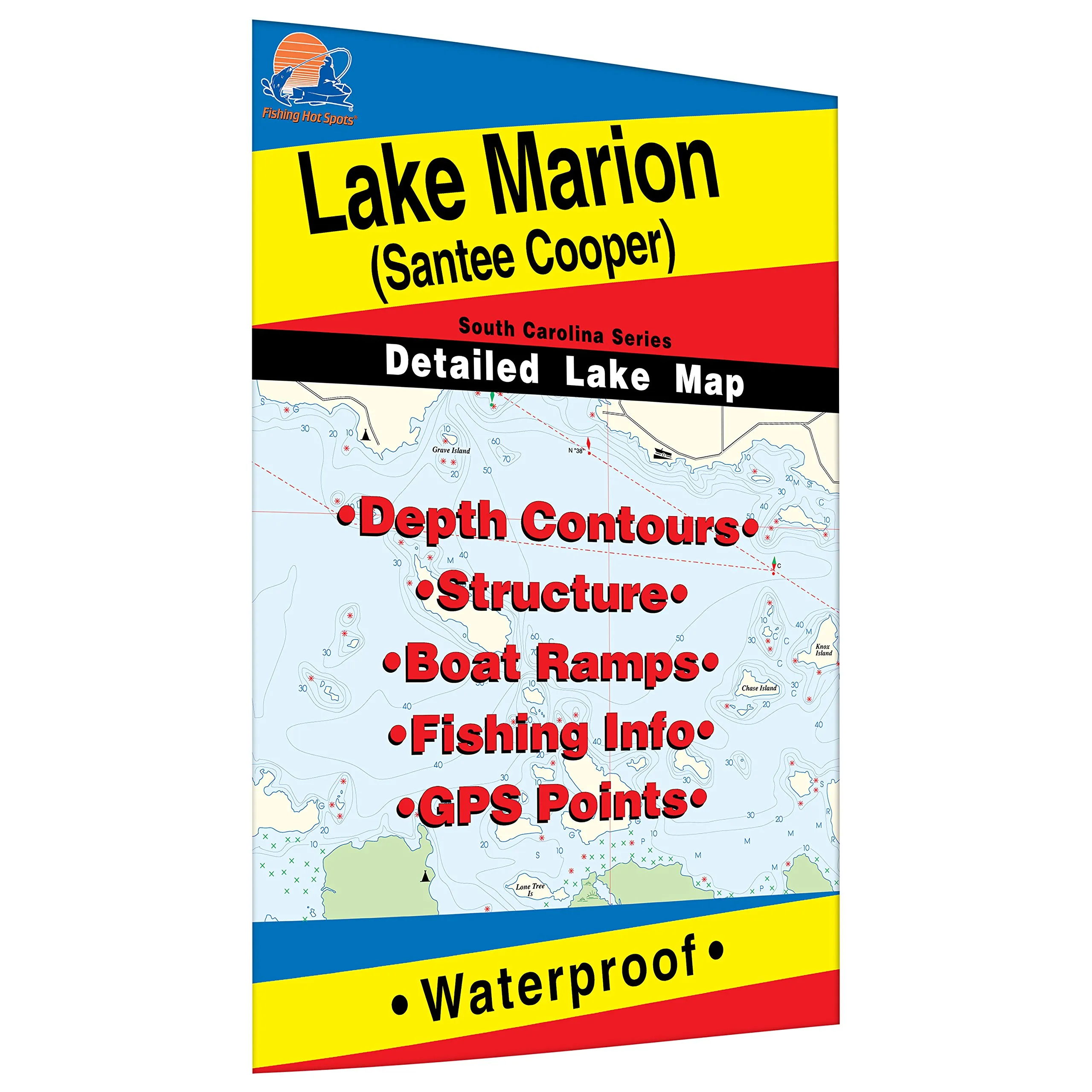 Lake Marion Fishing Map - Durable, Waterproof, Expertly Researched, Shaded Depths, Santee Cooper