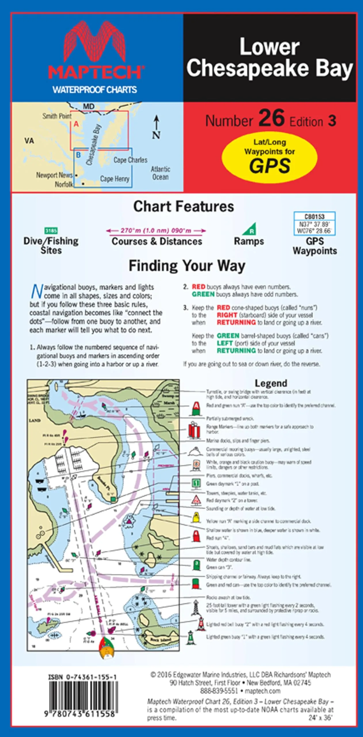 Lower Chesapeake Bay Waterproof Chart 3rd Edition, 24'x36', Durable Synthetic Paper