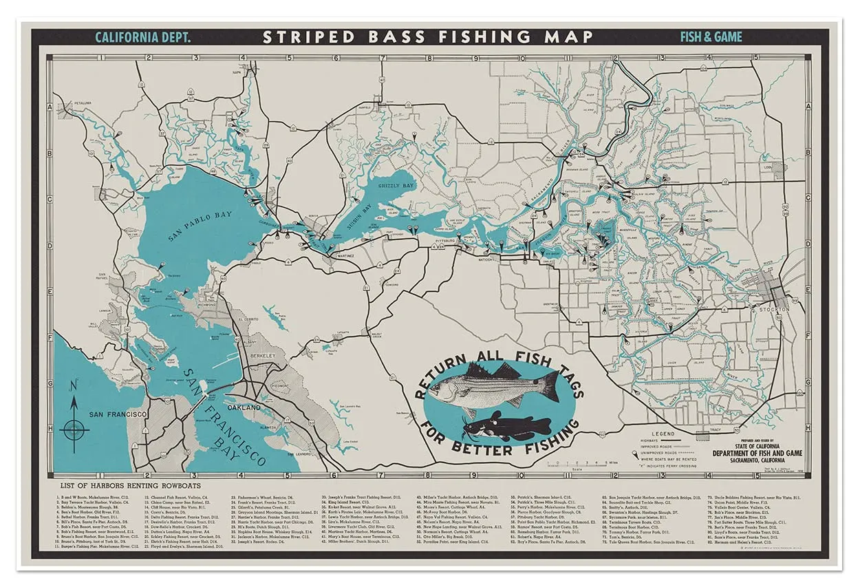 Map of Central California Striped Bass Fishing Grounds, 24x36, Boat Rentals Included