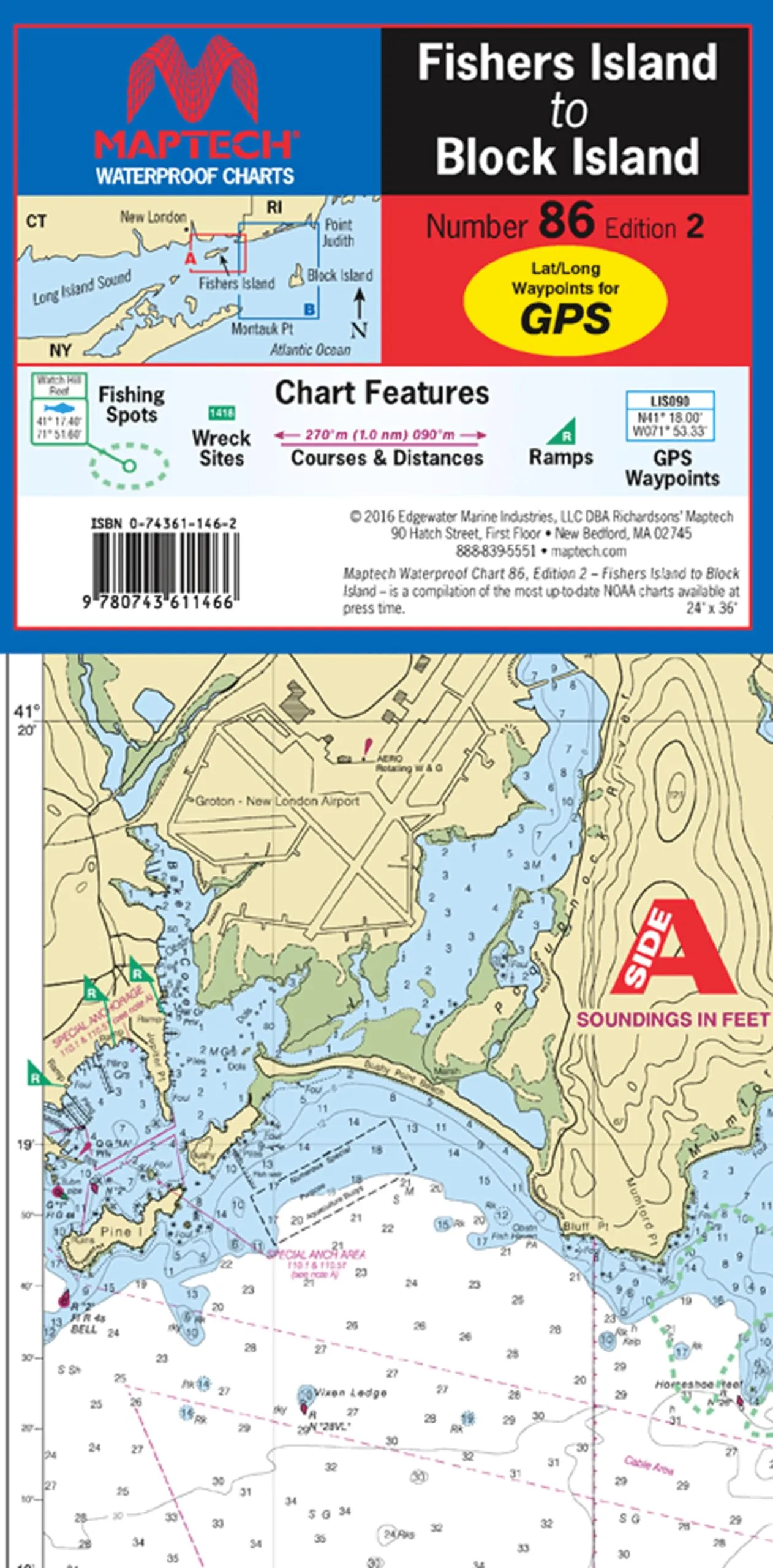 MAPTECH Waterproof Chart, Fishers Island to Block Island, Flip-Fold Design, Durable Synthetic Paper