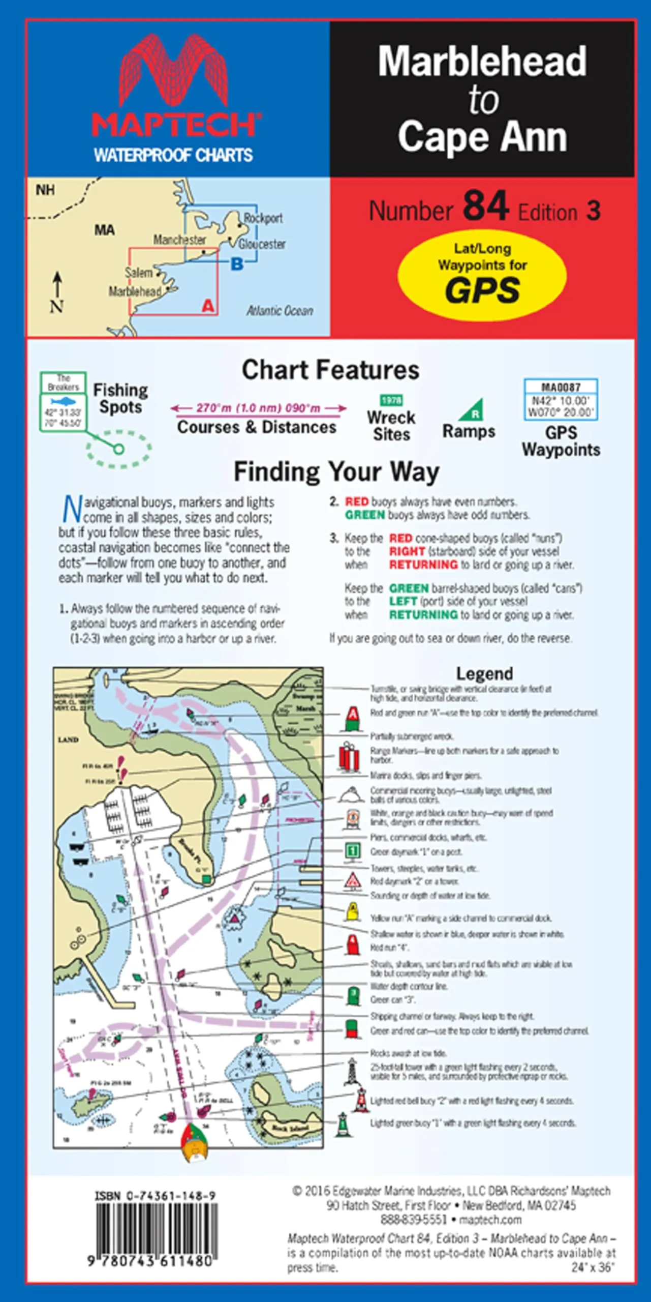 MAPTECH Waterproof Chart from Marblehead to Cape Ann, 24'x36', Flip-Fold, GPS Waypoints