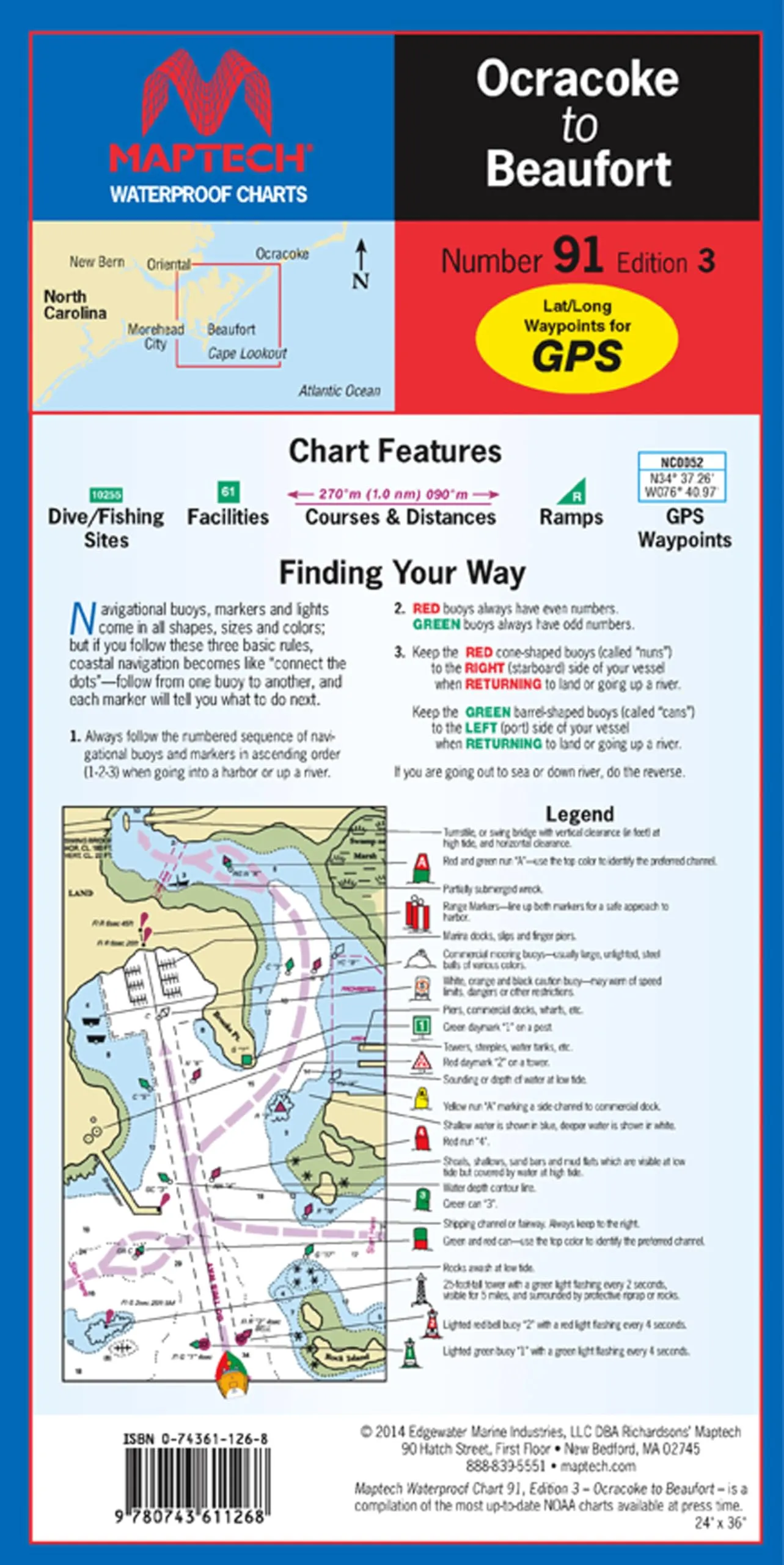 MAPTECH Waterproof Chart WPC091-03, Ocracoke to Beaufort, NC, 24x36 inches, GPS Waypoints