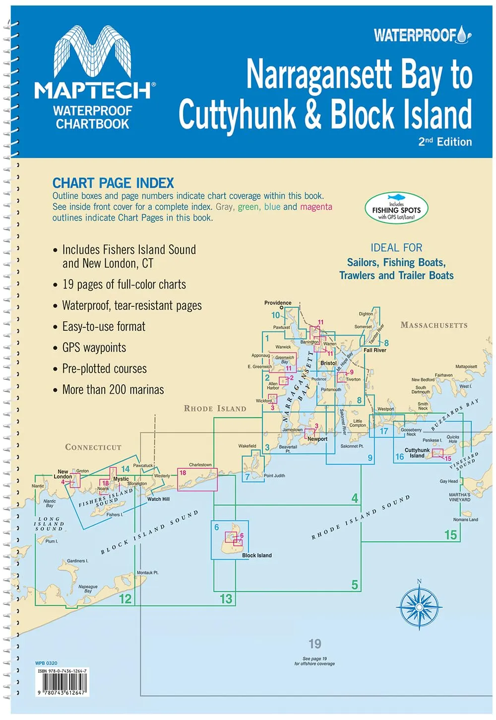 MAPTECH Waterproof Chartbook, Narragansett Bay to Cuttyhunk, 12x17 inches, Spiral Bound