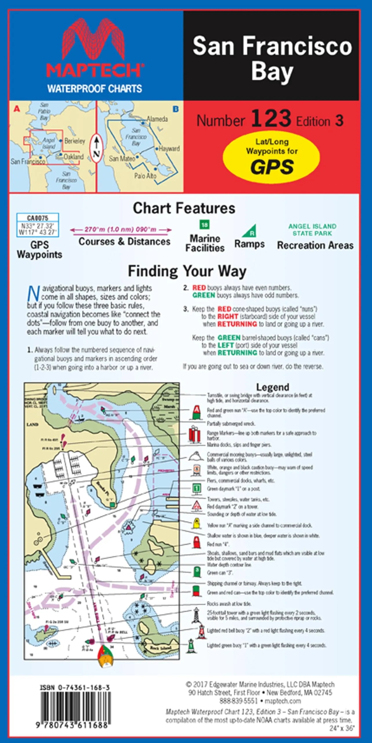 Maptech Waterproof Charts WPC123 San Francisco Bay, 24'x36', Durable Synthetic Paper, GPS Waypoints