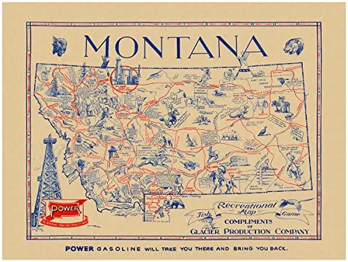 Montana Fish & Game Map 1941 - Indian Reservations, Rodeos, National Parks, 18x24 inches