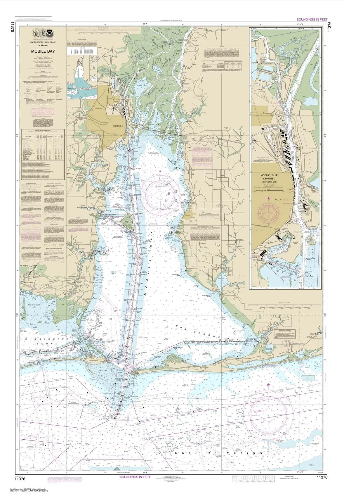 NOAA Chart 11376 Mobile Bay Ship Channel 34.9'x50.1' Water-Resistant Paper by Paradise Cay