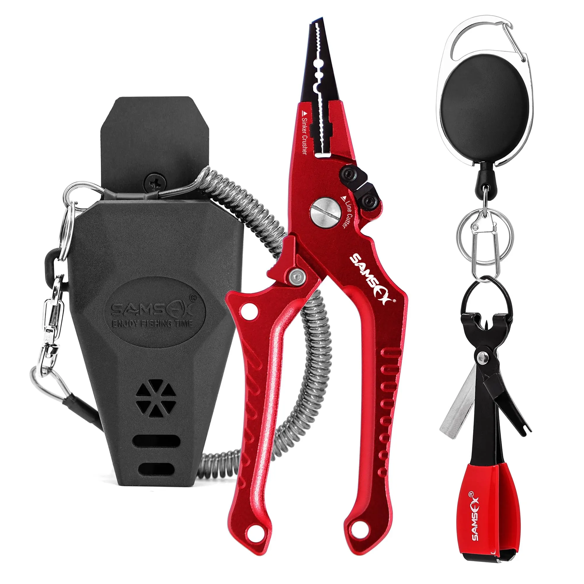 SAMSFX Aluminum Fishing Pliers with Coiled Lanyard, Knot Tying Tool & Braid Line Cutter