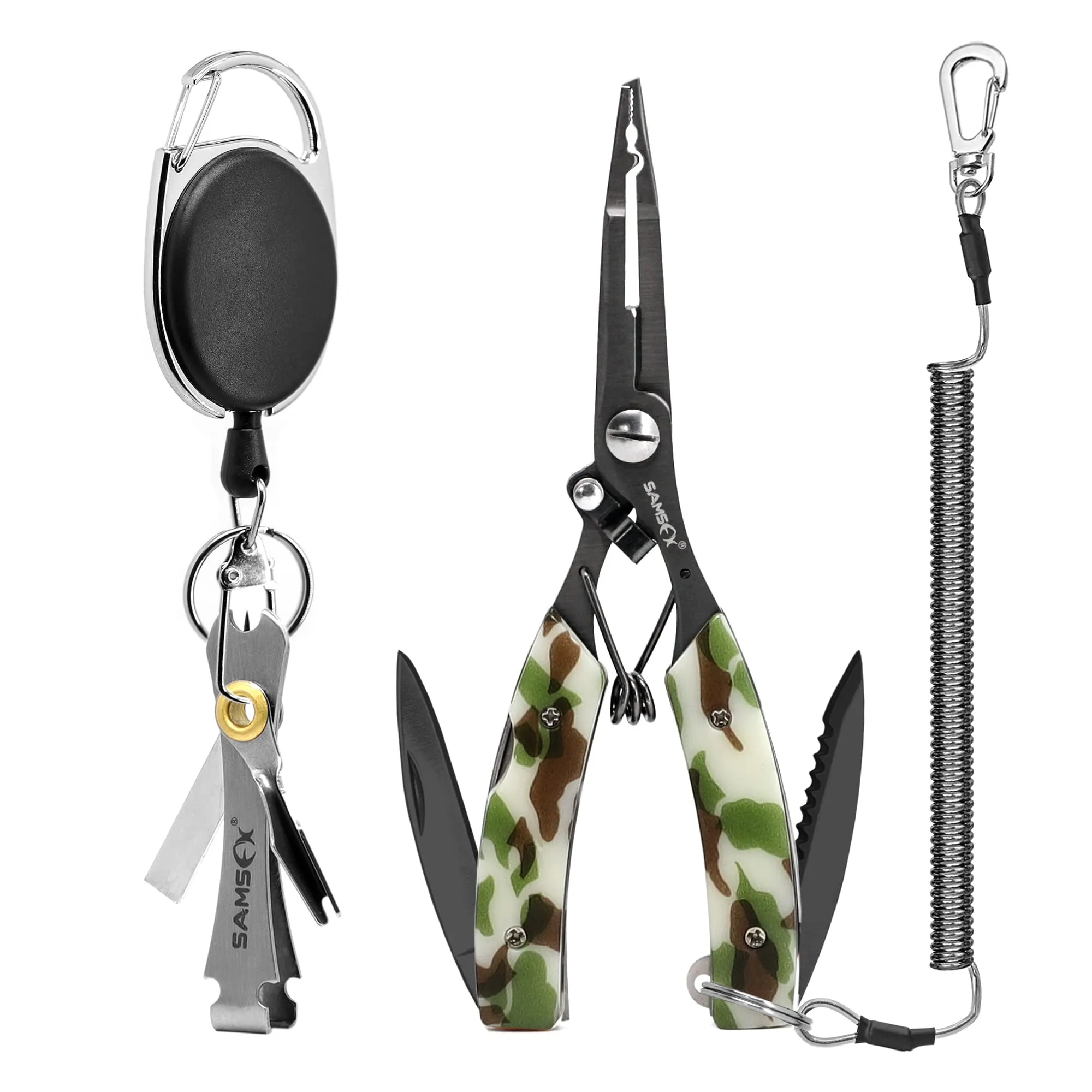 SAMSFX Locking Fishing Pliers - Saltwater Resistant, Teflon Coated, 4-in-1 Multi-Tool Combo