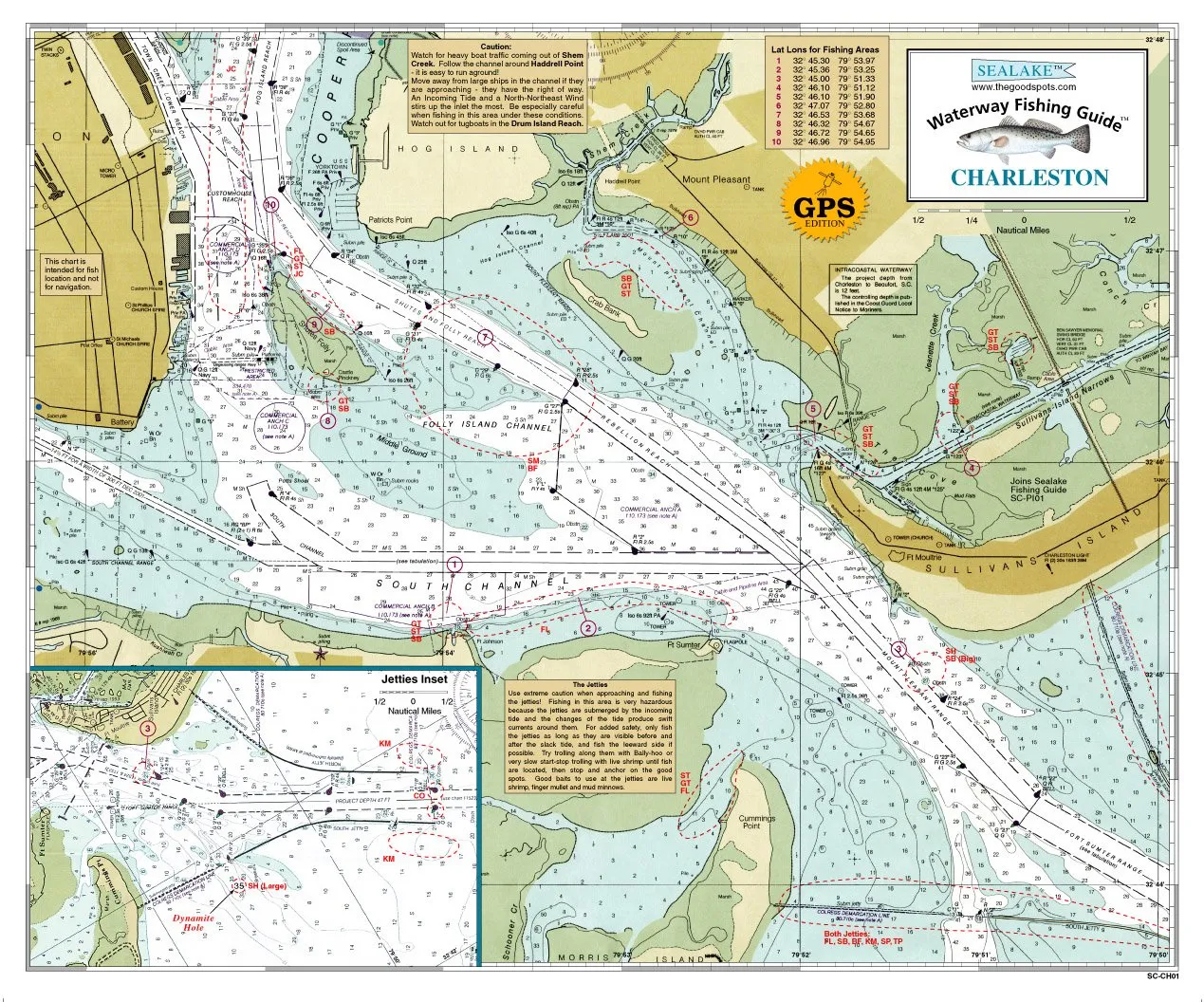 South Carolina Charleston Fishing Chart 14.75x17.5