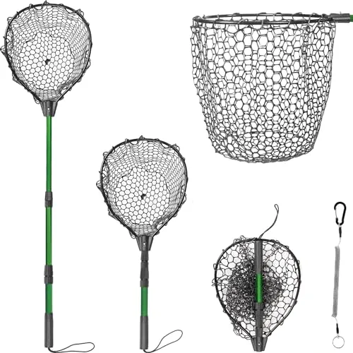 Telescoping Aluminum Fishing Net - Adjustable 32-52.7 Inches, Rubber Mesh, 20 lbs Capacity